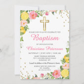 Invitation Été Citron vert Vert rose Floral Girl Baptême (Devant)