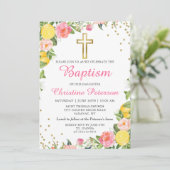 Invitation Été Citron vert Vert rose Floral Girl Baptême (Debout devant)