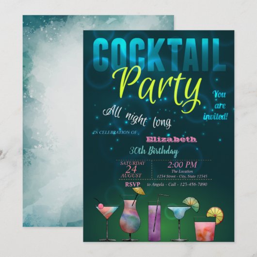Invitation Été, Cocktail, Piscine Anniversaire (Devant / Derrière)