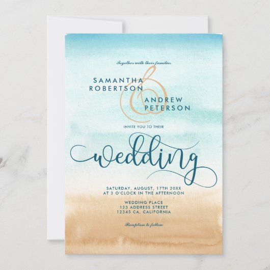 Invitation Été destination plage chic script mariage (Devant)