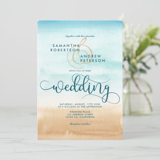 Invitation Été destination plage chic script mariage (Debout devant)