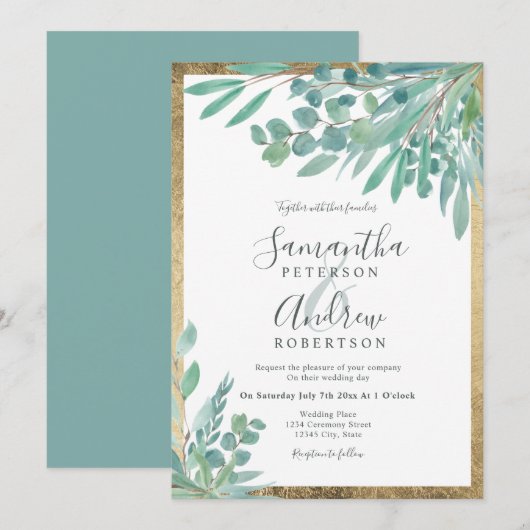 Invitation Été Eucalyptus floral aquarelle or mariage (Devant / Derrière)