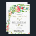 Invitation Été fleuri élégant jardin rose sweet sixteen<br><div class="desc">Sweet sixteen floral de style classe / 16ème anniversaire modèle d'invitation sur un arrière - plan blanc clair (changeable) avec roses rose et corail rouge avec feuillage vert sauge et bleu turquoise et script de typographie doré. Personnalisez-le avec vos détails ! Vous pouvez choisir de le customiser en changeant davantage...</div>