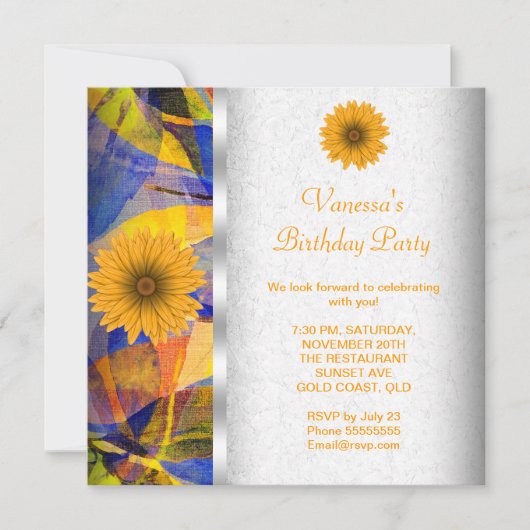 Invitation Été Floral Bleu Fleurs Jaunes Fête Anniversaire (Devant)