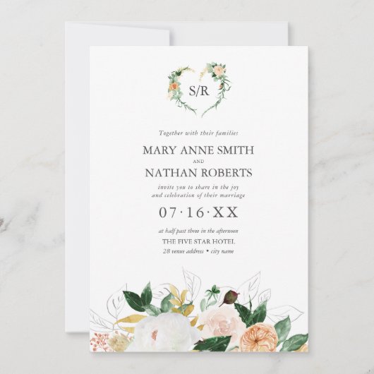 Invitation Été Floral Orange Botanographie Monogramme Mariage (Devant)