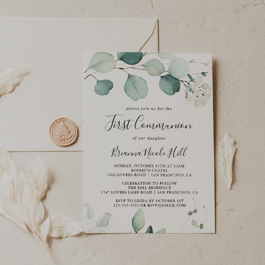 Invitation Été Green Eucalyptus Foliage Première communion