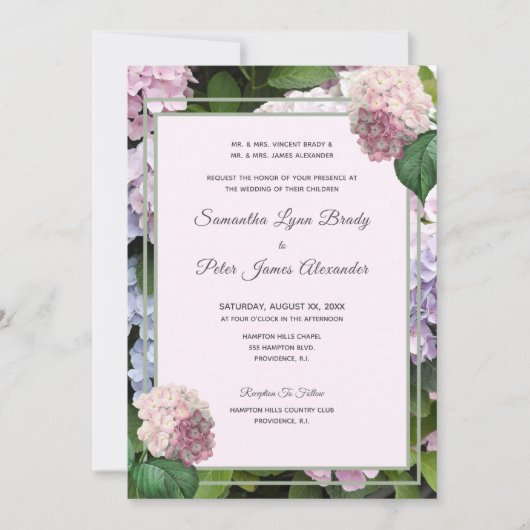 Invitation Été Hydrangea Blossoms, Rose, Vert, Mariage (Devant)