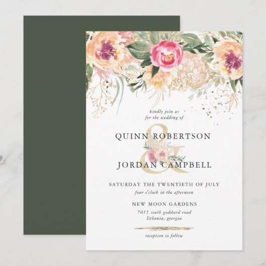 Invitation Été indien | Mariage Aquarelle Pink Peonies (Devant / Derrière)