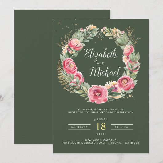 Invitation Été indien | Mariage Aquarelle Pink Peonies (Devant / Derrière)