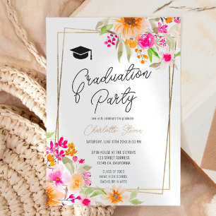 Invitation Été jardin fleuri or script graduation