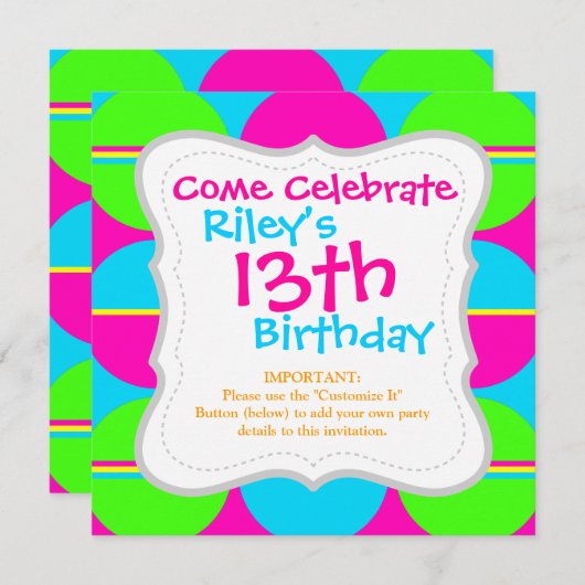 Invitation Été Lime Vert Hot rose Turquoise Cercles rayures (Devant / Derrière)