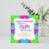 Invitation Été Lime Vert Hot rose Turquoise Cercles rayures (Debout devant)