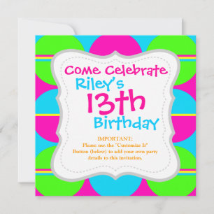 Invitation Été Lime Vert Hot rose Turquoise Cercles rayures