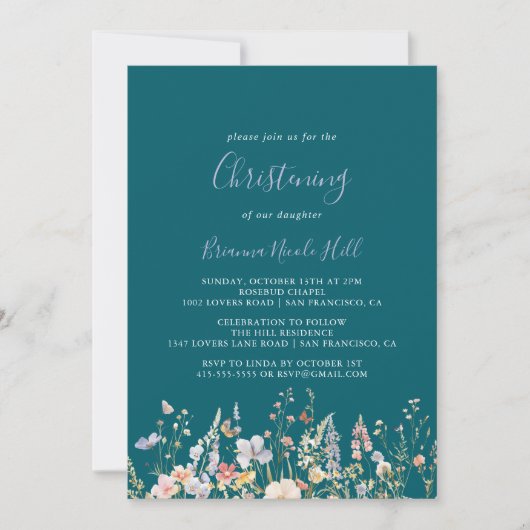Invitation Été Multicolore Fleur sauvage Vert Christening (Devant)