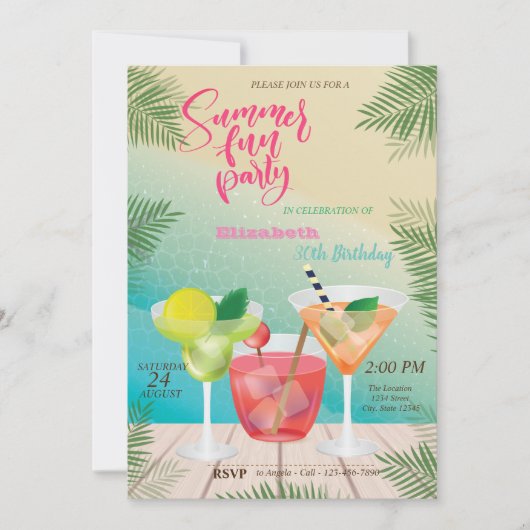 Invitation Été, Piscine, Cocktail Anniversaire (Devant)