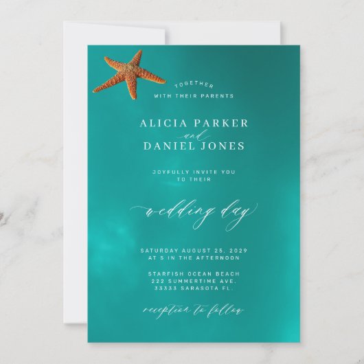 Invitation Eté plage bleu océan destination mariage (Devant)