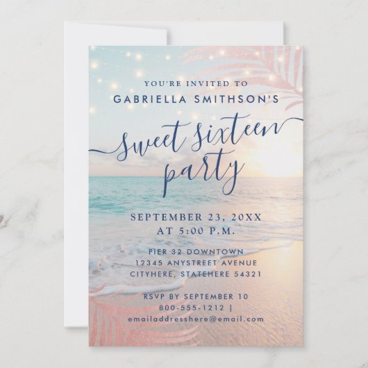 Invitation Été Plage Feux Luminaires doux 16 Anniversaire (Devant)