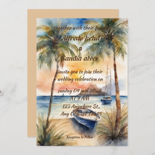 Invitation été plage palmier tropical aquarelle mariage (Devant / Derrière)