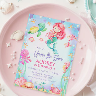 Invitation Été Sirène à cheveux rouges sous la mer Anniversai