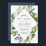 Invitation Été Verdure Diamond Wreath Surprise Party<br><div class="desc">Cette invitation à la fête surprise en diamant verdoyante d'été est parfaite pour un élégant anniversaire de milieu d'été, la remise des diplômes ou la retraite. Le design botanique présente un agencement luxuriant d'eucalyptus couleur aquarelle peint, de verdure et de feuilles verts avec de subtils ressorts de fleurs roses rousses....</div>