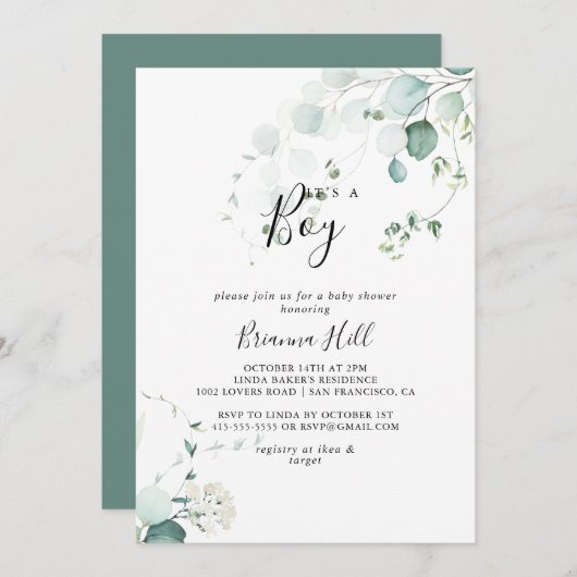 Invitation Été Vert Eucalyptus C'est un Baby shower garçon (Devant / Derrière)