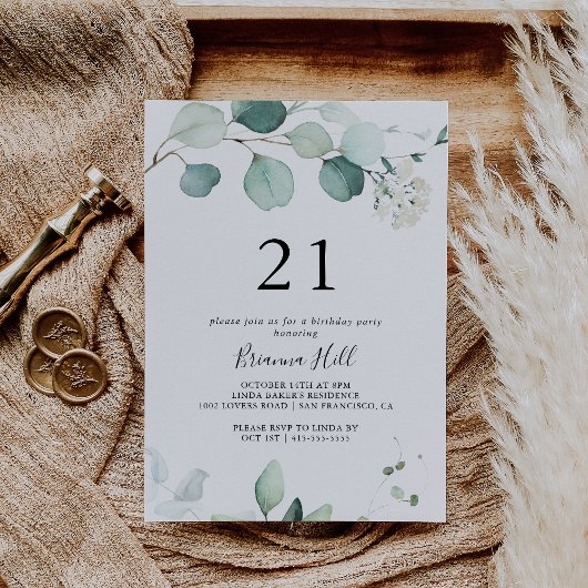 Invitation Été Vert Eucalyptus Feuille 21e fête d'anniversair