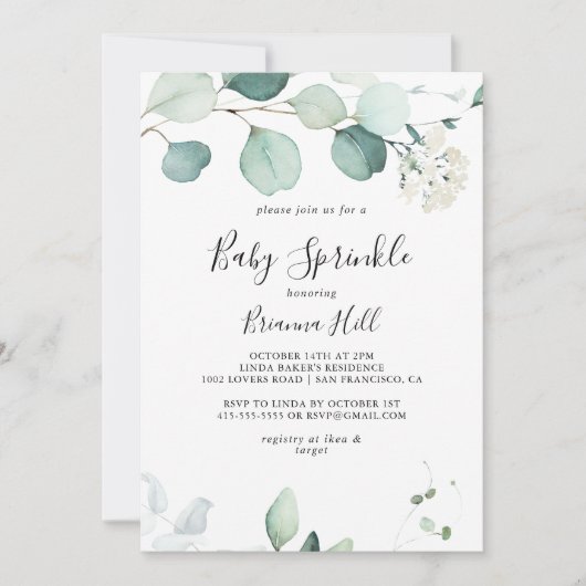 Invitation Été Vert Eucalyptus Foliage Bébé Parsemer (Devant)