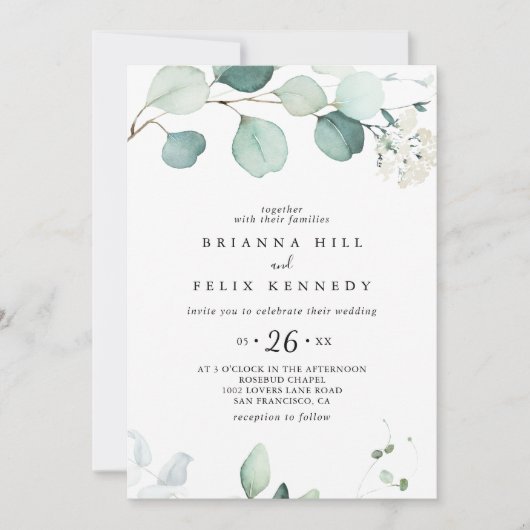 Invitation Été Vert Eucalyptus Foliage Mariage Décontracté (Devant)
