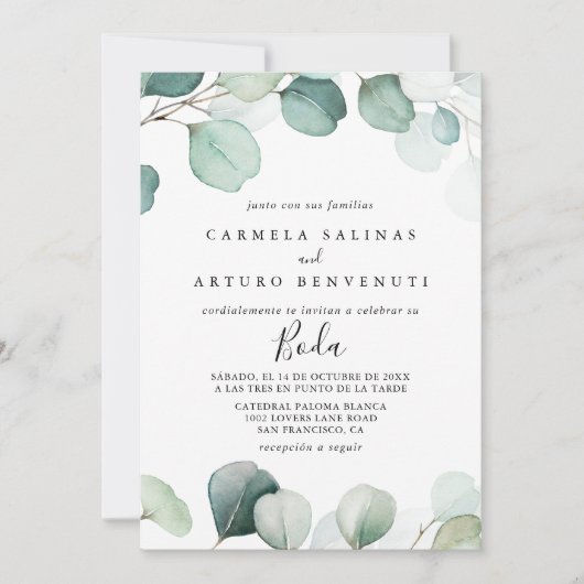 Invitation Été Vert Eucalyptus Foliage Mariage espagnol (Devant)
