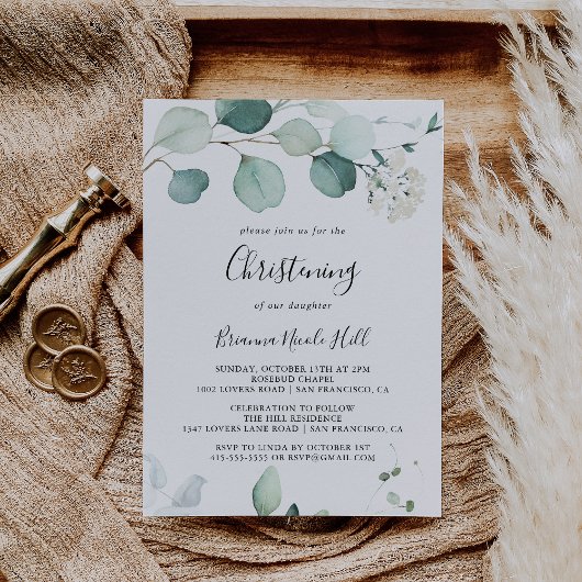 Invitation Été Vert Eucalyptus Foliing Christening