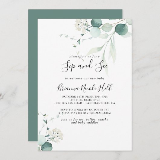 Invitation Été Vert Eucalyptus Folip Sip et voir (Devant / Derrière)