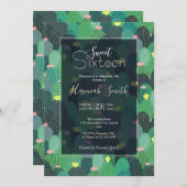 Invitation Été Vert Turquoise Cactus Gold points Design migno (Devant / Derrière)