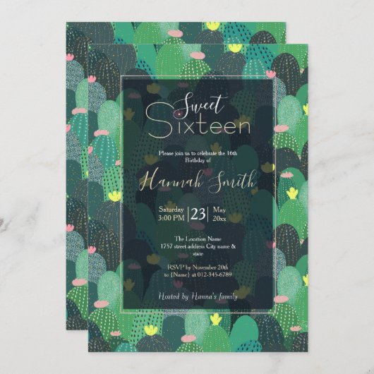 Invitation Été Vert Turquoise Cactus Gold points Design migno (Devant / Derrière)