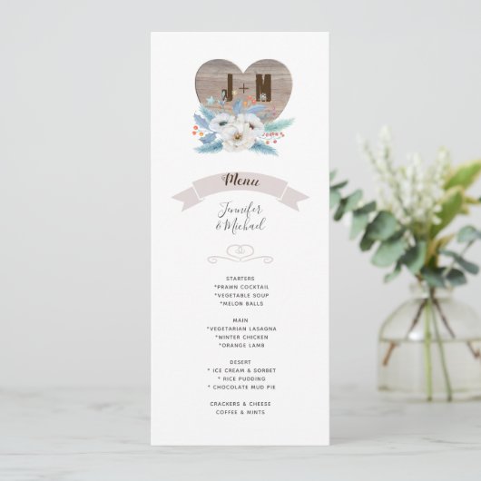 Invitation Eternal Love White Flower Blue Leaf Mariage MENU (Debout devant)