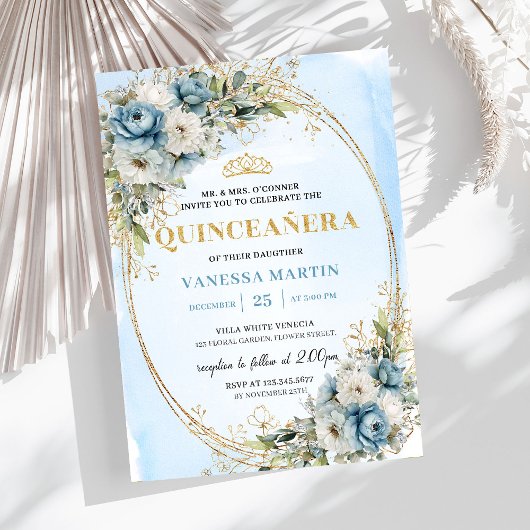 Invitation Éternelle Bleu Pâle Or Eucalyptus Quinc