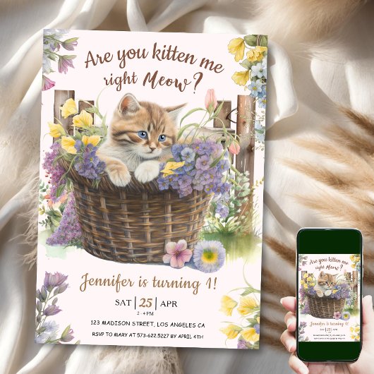 Invitation Êtes-vous Kitten Me Floral rose Chat 1er Anniversa