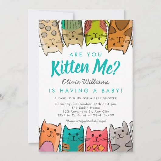 Invitation Êtes-Vous Kitten Me ? Kitty Cats Baby shower neutr (Devant)