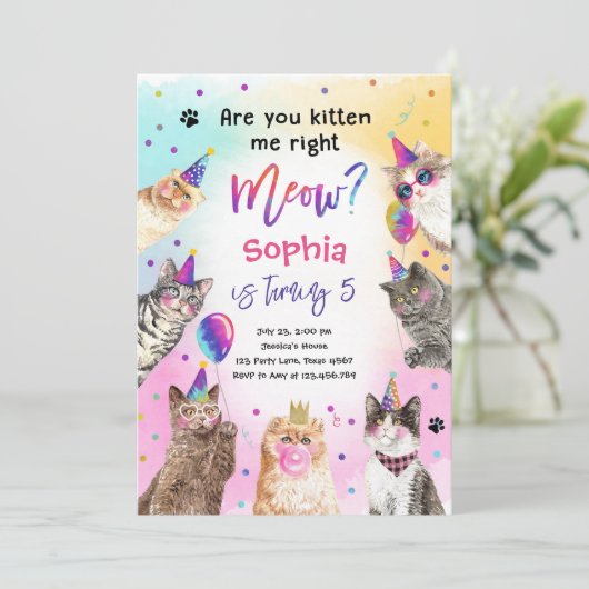 Invitation Êtes-Vous Kitten Me Meow Chat Fille Anniversaire (Debout devant)