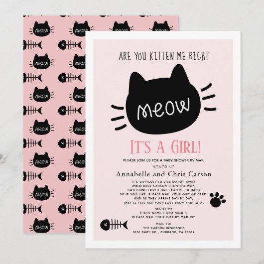 Invitation Êtes-vous Kitten Me rose fille Baby shower par la (Devant / Derrière)