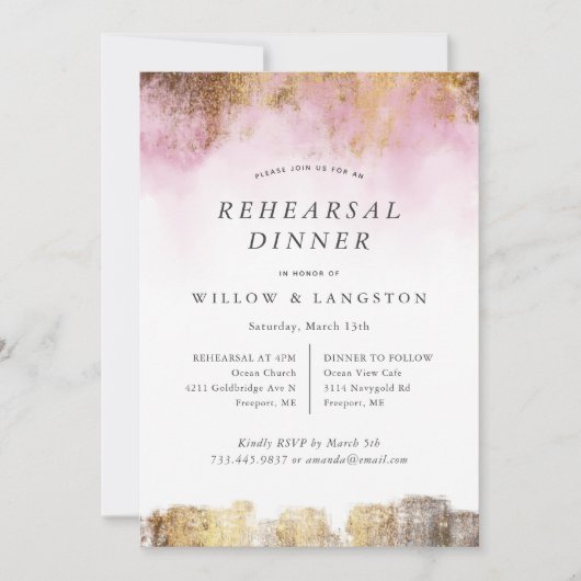 Invitation Ethéal Aquarelle rose Or Dîner de répétition (Devant)