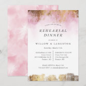 Invitation Ethéal Aquarelle rose Or Dîner de répétition (Devant / Derrière)