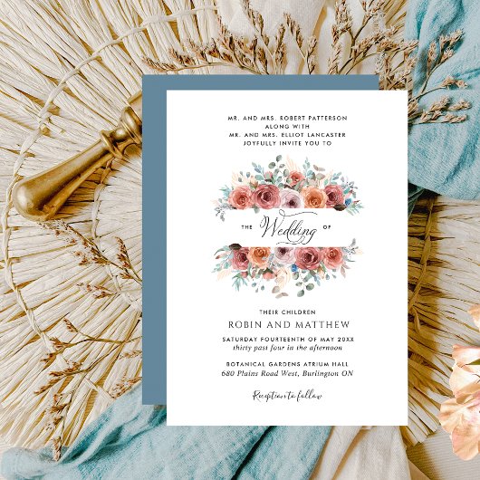 Invitation "Ethéal" Blush, Pêche et Mariage floral bleu