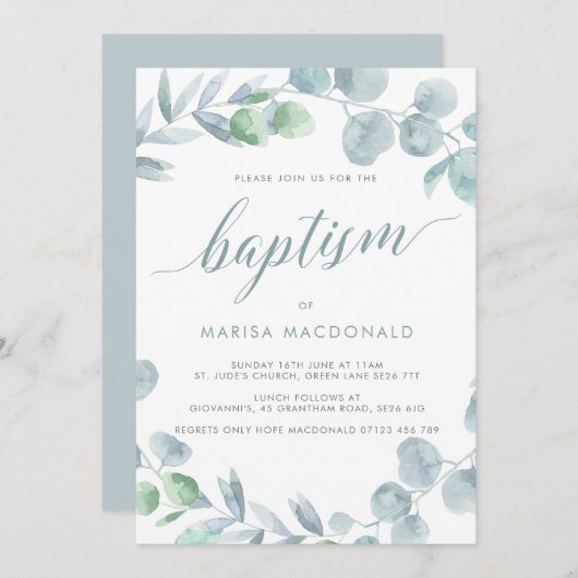 Invitation Ethéal Eucalyptus Dusty Baptême bleu (Devant / Derrière)