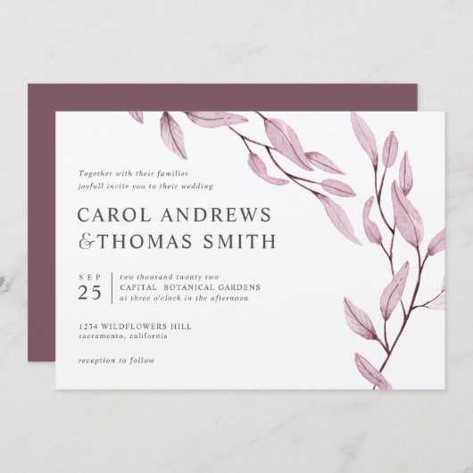 Invitation Ethereal Bourgogne | mariage Feuille chic (Devant / Derrière)
