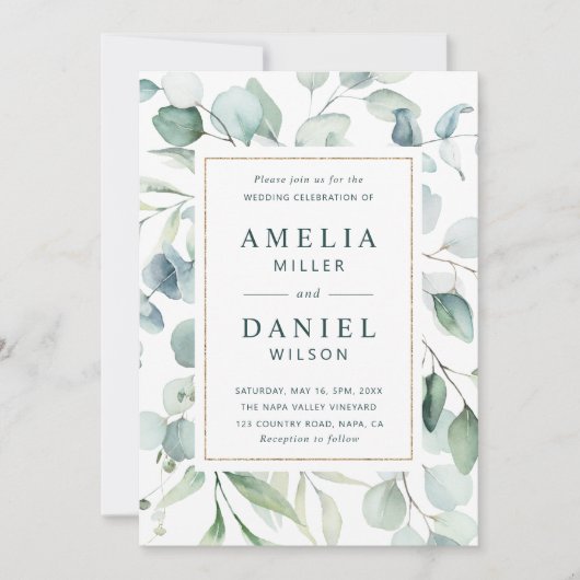 Invitation Ethereal Eucalyptus Gold Frame Mariage (Devant)