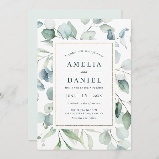 Invitation Ethereal Eucalyptus Gold Mariage (Devant / Derrière)