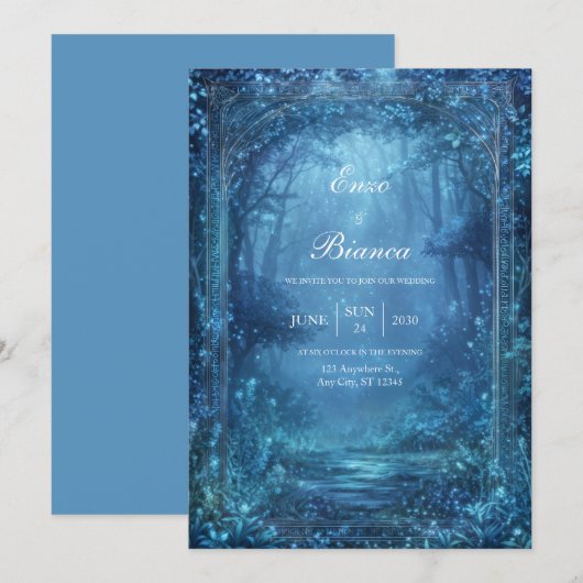 Invitation Ethereal Glowing Blue Magic Forest Wedding (Devant / Derrière)