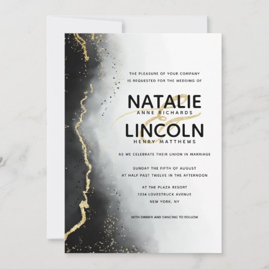 Invitation Ethereal Mist Ombre Black Gold Foil Mariage modern (Devant)