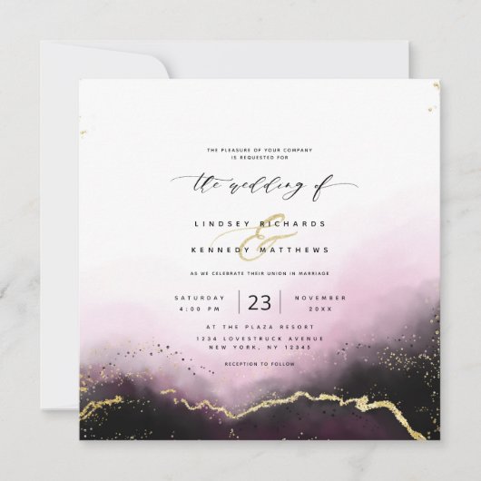 Invitation Ethereal Mist Ombre Bourgogne Mariage Carré de lux (Devant)