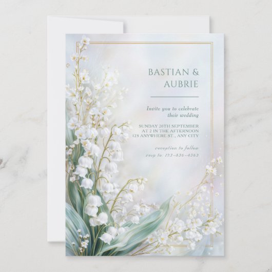 Invitation Ethereal Pastel Lily Valley Gold Frame Wedding (Devant)